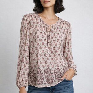 Lucky Brand Blouse Womens Large Boho Paisley Tunic Pink Cream Peasant Top
